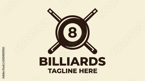 Vintage Billiards 8 Ball and Crossed Cues Logo Design.