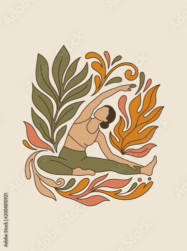 Woman practices yoga outdoors surrounded by vibrant plants and leaves in nature