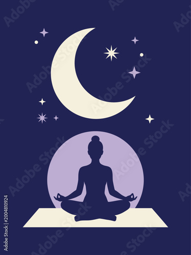 Person meditates peacefully under night sky with crescent moon and stars