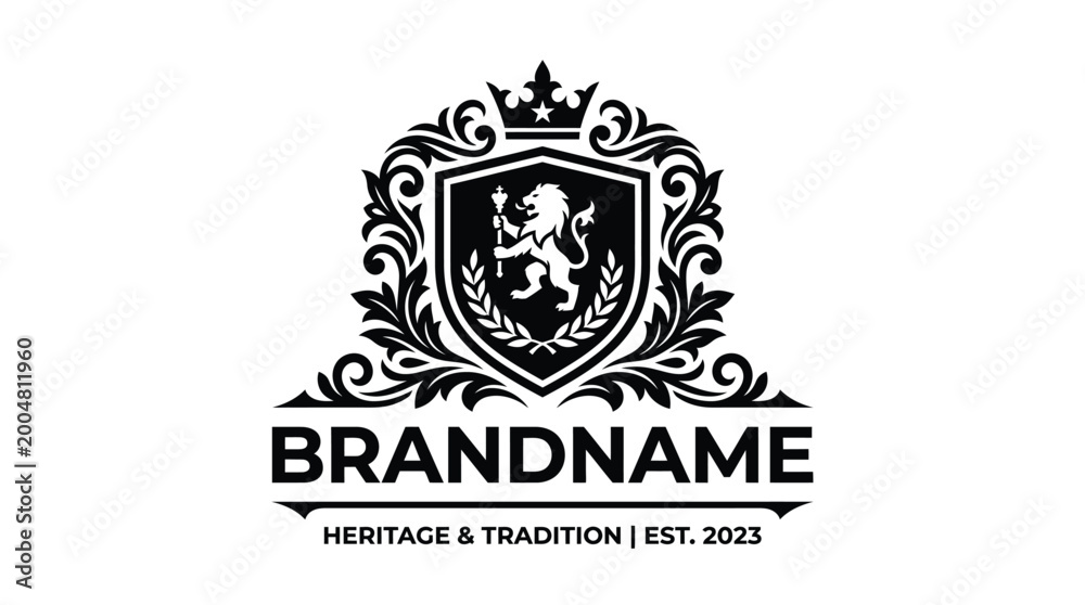Fototapeta premium Elegant Lion Crest Emblem with Crown and Laurel Wreath.