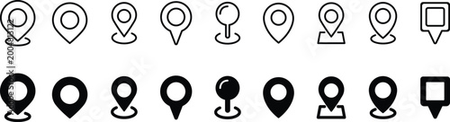 Modern location pin icon set featuring various map markers, GPS symbols, and navigation indicators in both line and solid styles
