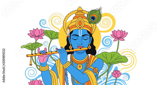 фотографія Lord Krishna playing flute with lotus flowers, Hindu deity, Indian culture