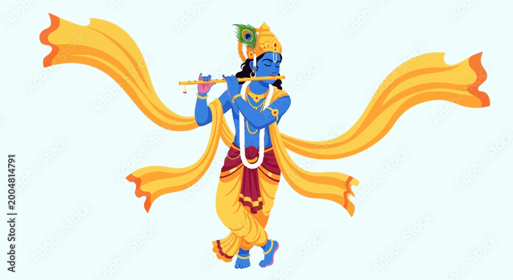 Fototapeta premium Lord Krishna playing flute, Hindu deity, Indian culture, divine melody, colorful attire