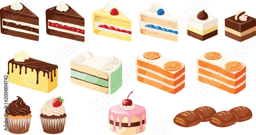 Assorted Dessert and Pastry Collection Featuring Cakes, Cupcakes, Rolls, and Cream Filled Slices, Ideal for Bakery and Sweet Food Illustrations