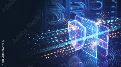 Glowing Holographic Cybersecurity Shield on Digital Background