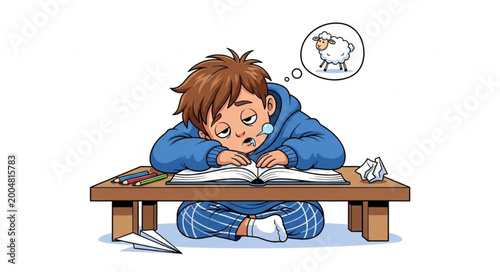 Tired boy sleeping at desk with books and papers.