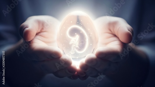 Glowing Fetus Inside Crystal Egg Held in Hands Representing Fertility and Miracle of Life