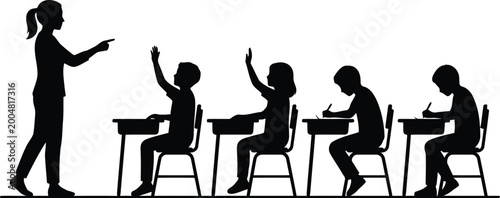 Black silhouette of a teacher instructing children sitting at desks in a classroom