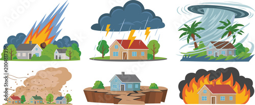 Φωτογραφία Natural disaster scenes set, storm tornado earthquake wildfire damage, emergency