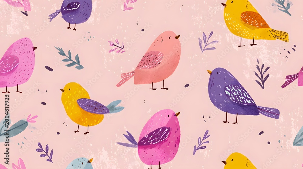 Obraz premium Bird pattern, childish seamless background. Perfect for fabric, textiles, wrapping, wallpaper, and apparel. Hand drawn