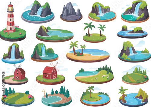 Isometric nature landscapes set, islands waterfalls farms scenes collection, colorful vector illustration for game