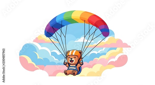 A happy, cartoon-style bear wearing a helmet and harness, floating down from a cloud in a rainbow parachute