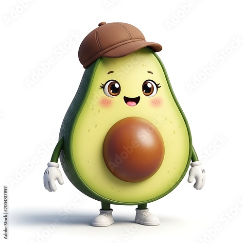 A happy, cartoon-style avocado character wearing a brown cap and gloves, with a cute smiling face. Set against a white background