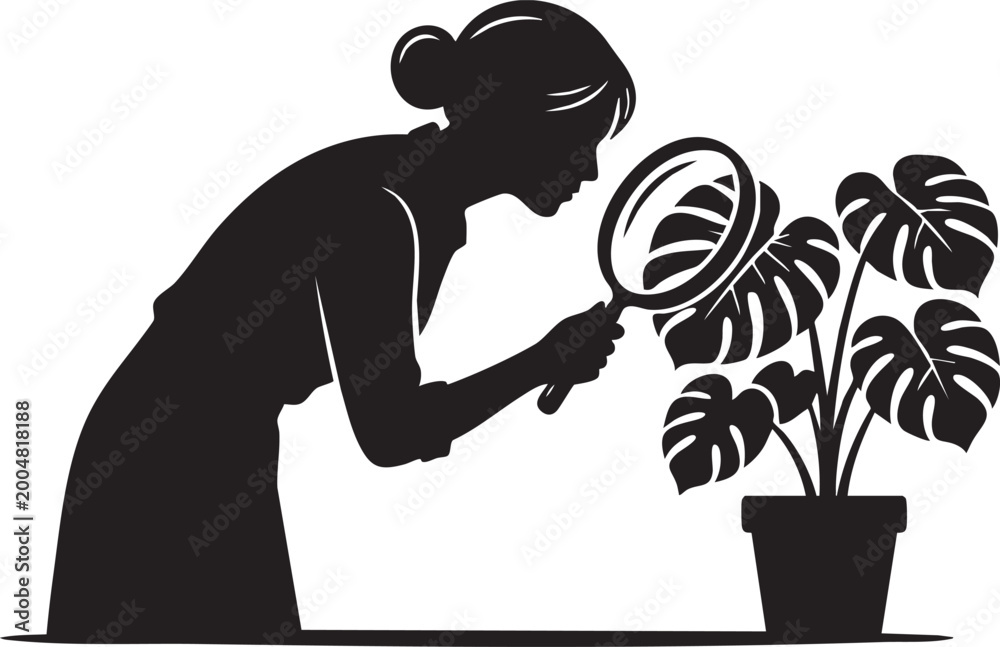 Ταπετσαρία Female Botanist Inspecting Monstera Plant with Magnifying Glass Silhouettes
