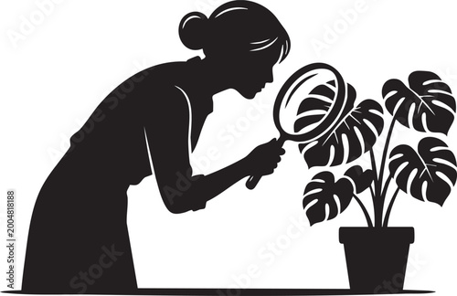 Φωτογραφία Female Botanist Inspecting Monstera Plant with Magnifying Glass Silhouettes