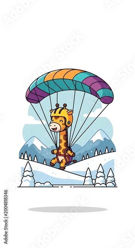 A happy giraffe with a parachute is gliding over snow-covered mountains with trees in a cartoon illustration