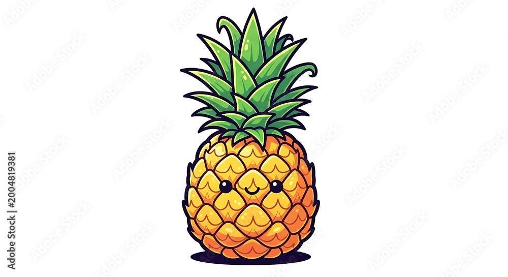 Obraz premium A vibrant, cartoon pineapple with a smiling face, rendered in a cheerful, stylized illustration against a white backdrop