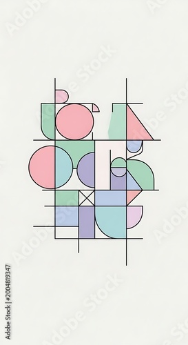 A geometric composition features overlapping pastel shapes with thin black lines defining their borders, set against a cream background