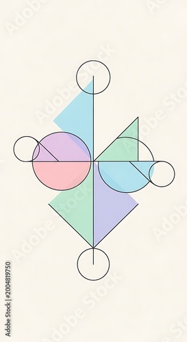 A geometric composition featuring colorful shapes, circles, triangles, and a diamond arranged in a balanced pattern on a neutral background