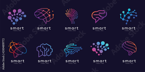 Abstact brain logotype icon set, modern style for platform innovation science, medical research, connecting digital data for artificial intteligence tech development, brain health, start up vector ill