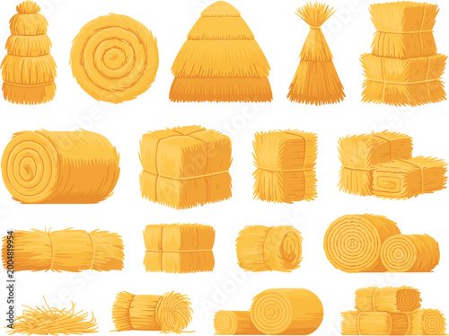 Straw hay bale collection, farm agriculture elements, rural harvest vector set for design