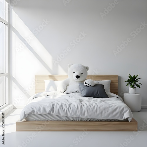 Cute plush bear toy sitting on a cozy bed in a bright room