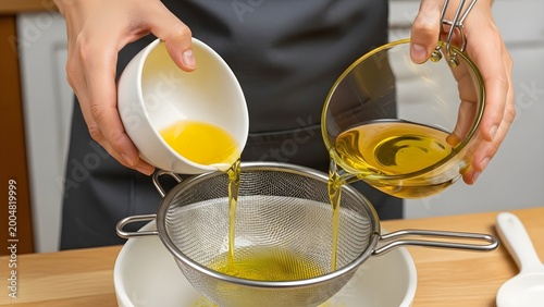 Chef pouring liquid ingredients through a metal strainer