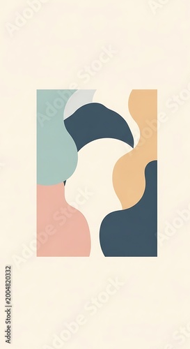 A geometric composition featuring soft, organic shapes in pastel colors, enclosed within a rectangular frame. The elements create a balanced, abstract design