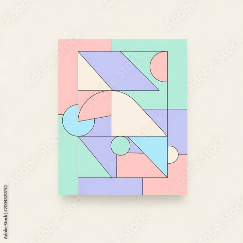A geometric composition featuring soft pastel colors arranged in rectangular and circular shapes. Lines define the forms on a slightly off-white background