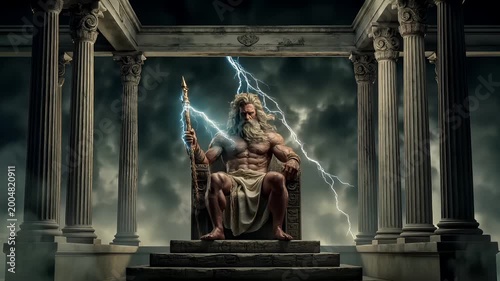Greek mythology god Zeus. Fantasy. A dramatic portrayal of an ancient Greek or Roman deity seated on a throne. The deity has a long, flowing white beard and a muscular physique.