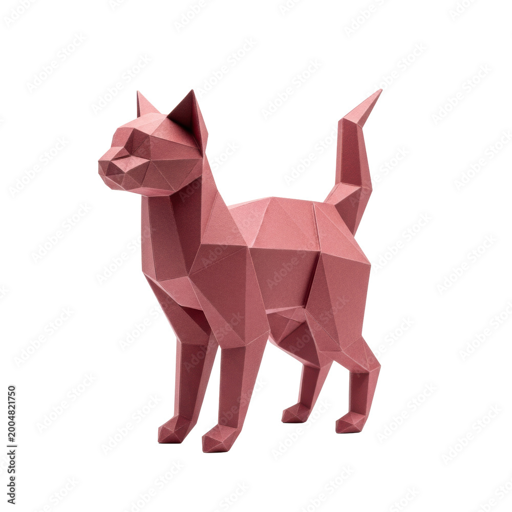 Fototapeta premium A hyper-detailed, flawless, geometric origami feline figure made of dense, matte rose-red paper, standing elegantly against a pristine, transparent studio background. concept of precision artistry