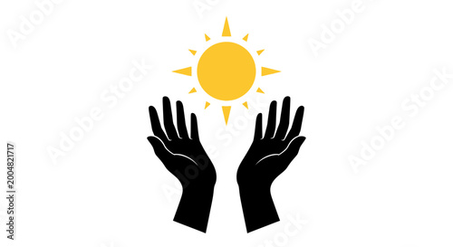 Foto Hands reaching up to a bright yellow sun graphic, symbolizing hope, aspiration, and positivity