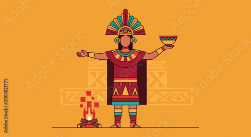 Inca Priest Offering Ritual With Fire and Bowl, Ancient Civilization Art