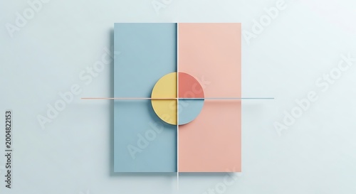 A geometric composition with pastel colors. Two rectangles, split vertically, form the background. A circle intersects with a horizontal line