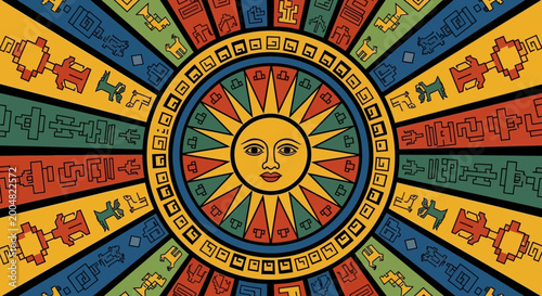 Vibrant Aztec Sun Calendar Inspired Design with Traditional Symbols