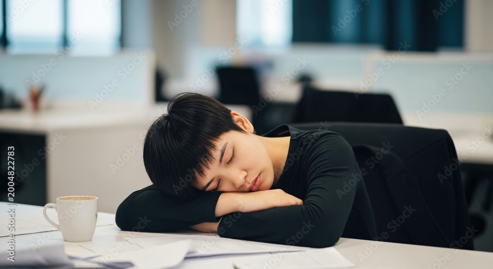 Fototapeta premium Young Asian Woman Sleeping at Office Desk Exhausted from Overwork