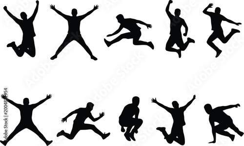 Tableau sur toile Set of black silhouettes of happy people jumping and celebrating in various dyna