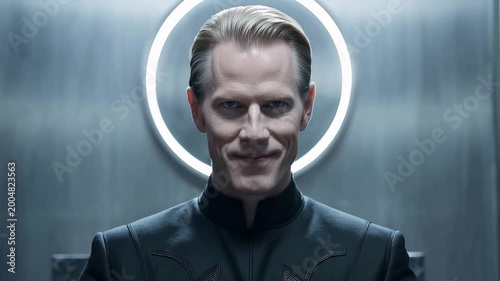 Commanding man sits on futuristic throne with glowing halo, observed by devoted group in sleek, dark chamber.
