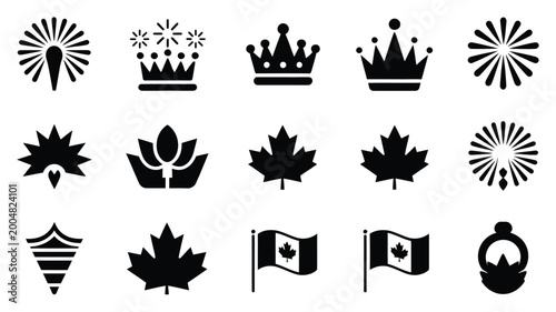 Foto Collection of canadian icons and symbols featuring maple leaves crowns flags and