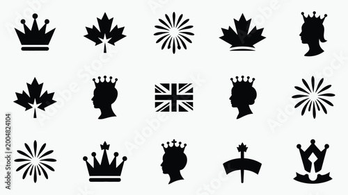 Tableau sur toile Collection of black silhouette icons representing royalty national symbols and c