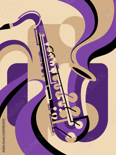 Modern Saxophone Vector Illustration, Abstract Music Poster, Flat Minimal Style