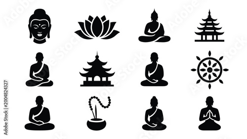 Fotografie Collection of black silhouette icons representing buddhism spirituality meditati