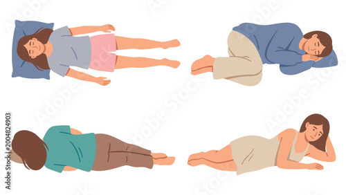 Fotografie Illustration of woman in various sleeping positions lying on pillow for rest and comfort