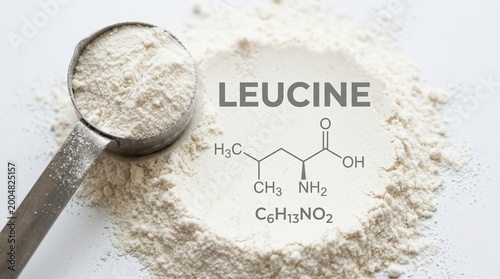 leucine, amino acid, powder, supplement, chemical structure, bcaa, bodybuilding, white nutritional powder and measuring scoop with molecular formula and skeletal structure.