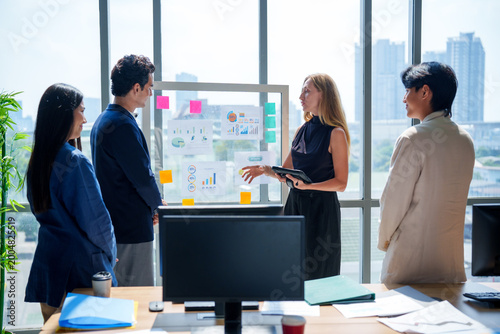 Business meeting team office presentation marketing strategy ai model analytics guide team review by window as adult professional plan together and city view adds energy