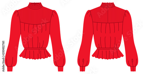 Tableau sur toile Red blouse with high ruffle neckline, pleated yoke peplum hem long sleeves fitted waist creating elegant feminine silhouette with structured shaping
