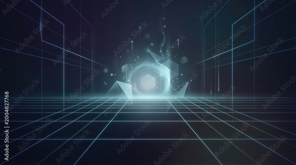 Fototapeta premium Abstract glowing digital geometric web background. Cyber space perspective wireframe grid with floating light particles. Futuristic technology network data visualization connection concept.