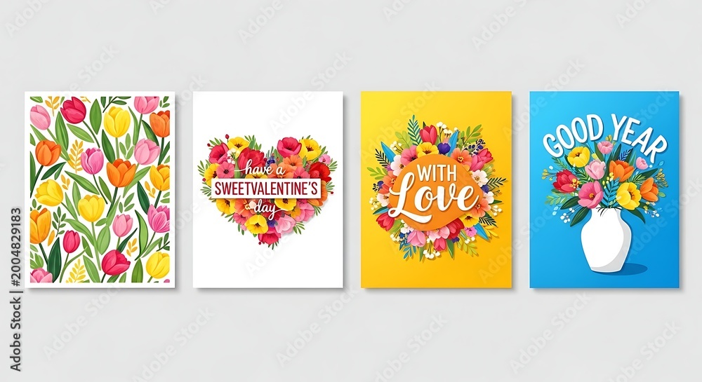 Naklejka premium Assortment of four vibrant greeting cards: a field of tulips, a heart-shaped floral design for Valentine's Day, a 'With Love' floral wreath, and a vase of flowers for a 'Good Year'.