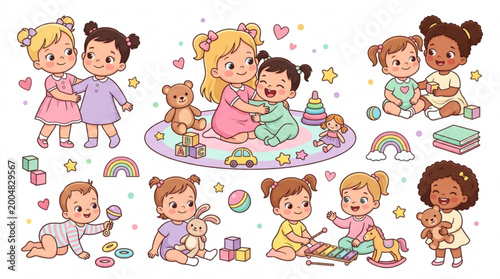 Baby girls playing with toys and friends in colorful nursery setting with blocks and stuffed animals