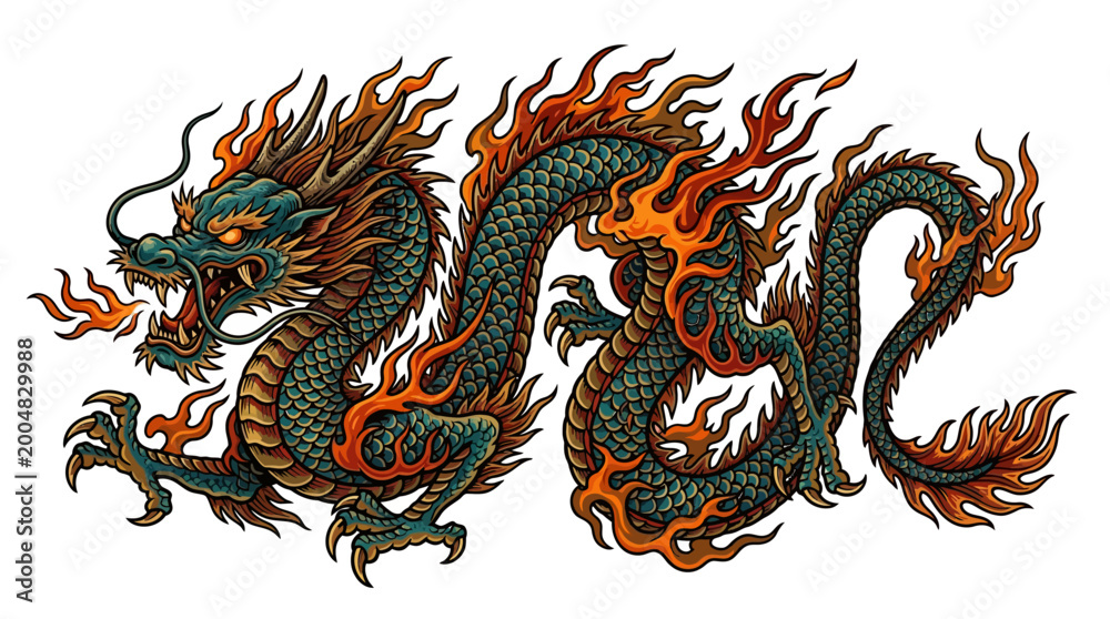 Fototapeta premium Vibrant depiction of a majestic oriental dragon, breathing fire and showcasing intricate scales, an embodiment of power, wisdom, and mythical strength in an ancient legend